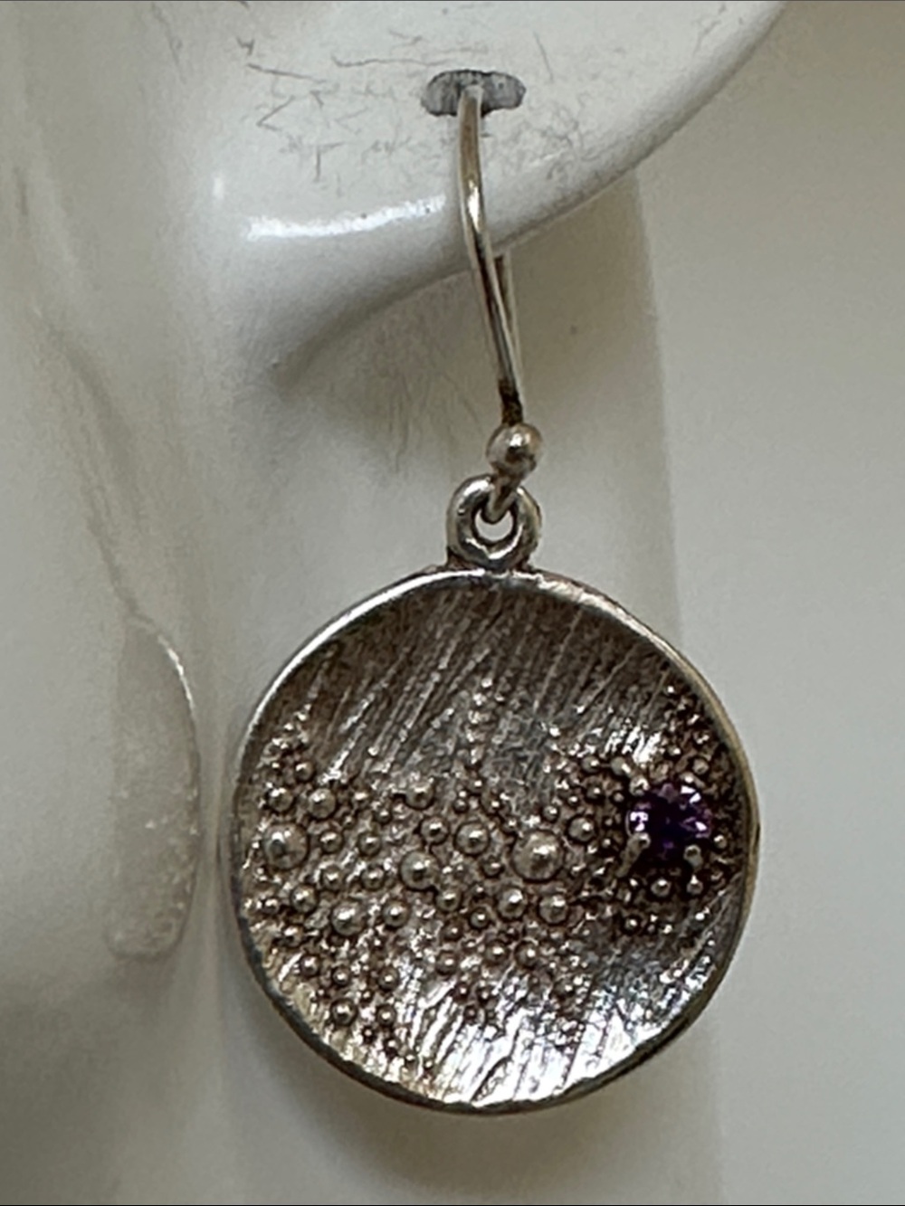 925 Sterling Silver Textured Disc Drop amethyst Gems Earrings